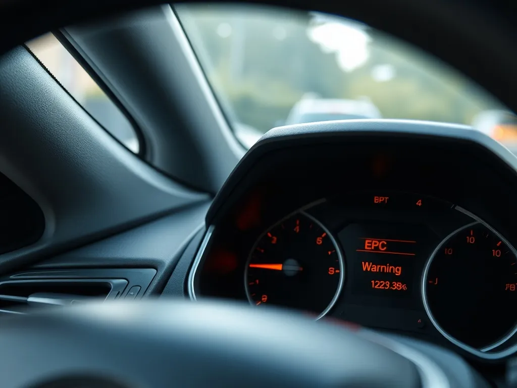 Kontrolka EPC świecąca na bursztynowo na nowoczesnej desce rozdzielczej samochodu, sygnalizująca usterkę układu silnika.