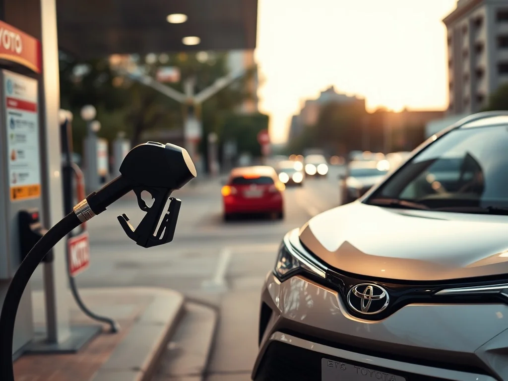 Toyota RAV4 podobny SUV tankowany na stacji benzynowej, na tle wieczornego miasta, ilustruje temat spalania auta.