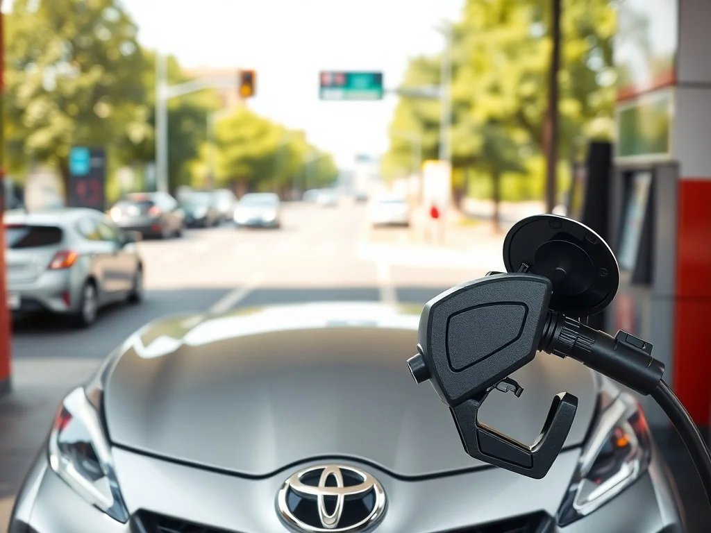 Toyota Yaris tankowana na stacji benzynowej, w tle miasto i droga, podkreślające spalanie w mieście i w trasie.