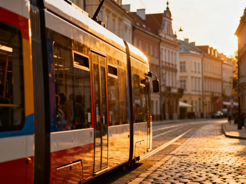 Nowoczesny tramwaj przejeżdżający przez zabytkową ulicę Poznania w świetle zachodzącego słońca.