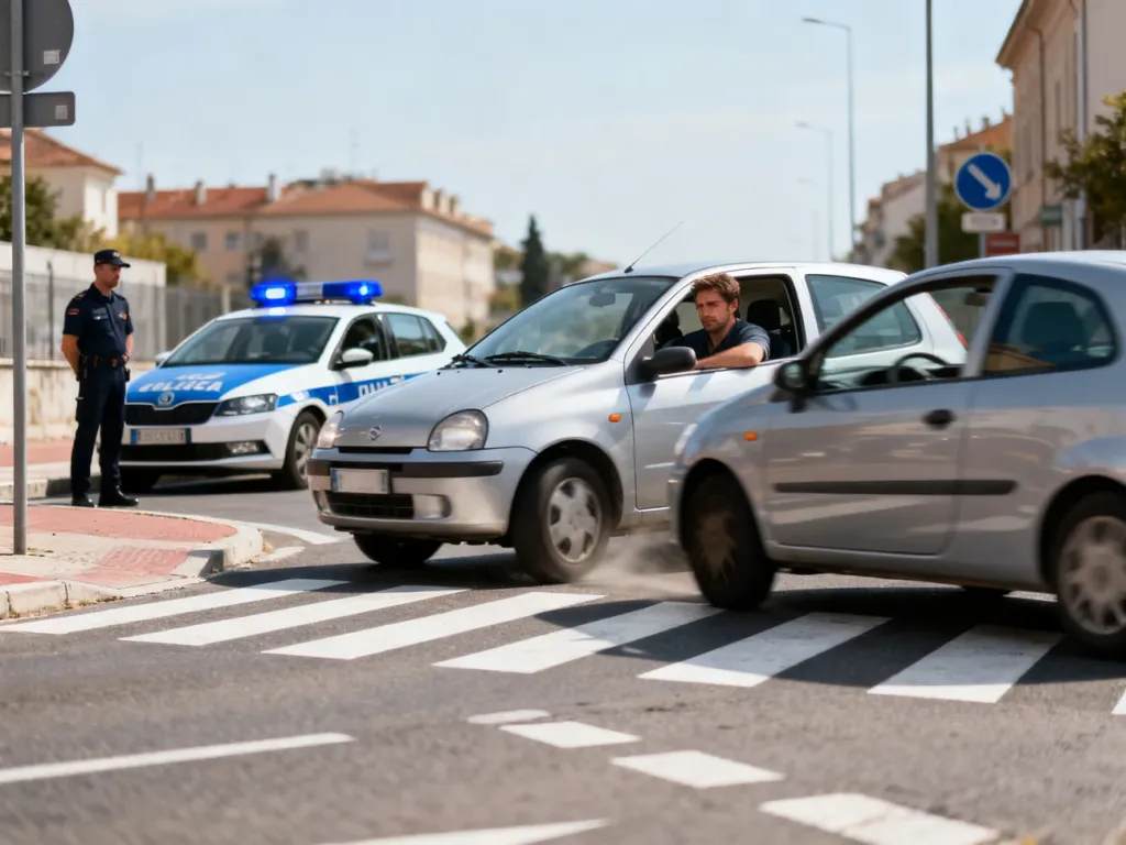 Nagłe hamowanie auta na przejściu dla pieszych, wymuszenie pierwszeństwa, w tle radiowóz policji z włączonymi światłami