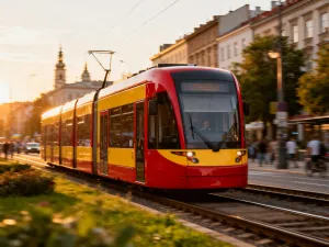 Nowoczesny tramwaj przejeżdżający przez historyczne centrum Wrocławia w otoczeniu zabytkowych kamienic.