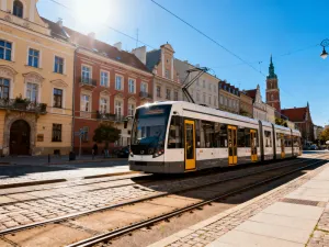 Nowoczesny tramwaj przejeżdżający przez słoneczną ulicę Wrocławia na tle zabytkowej architektury.