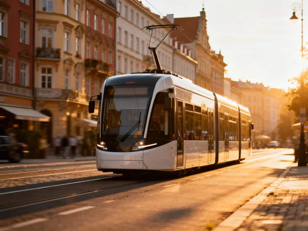 Nowoczesny tramwaj linii 23 przejeżdża przez słoneczną ulicę Wrocławia na tle zabytkowych kamienic.
