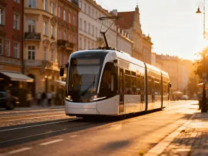 Nowoczesny tramwaj przejeżdżający przez słoneczną, zabytkową ulicę Wrocławia z kamienicami w tle.