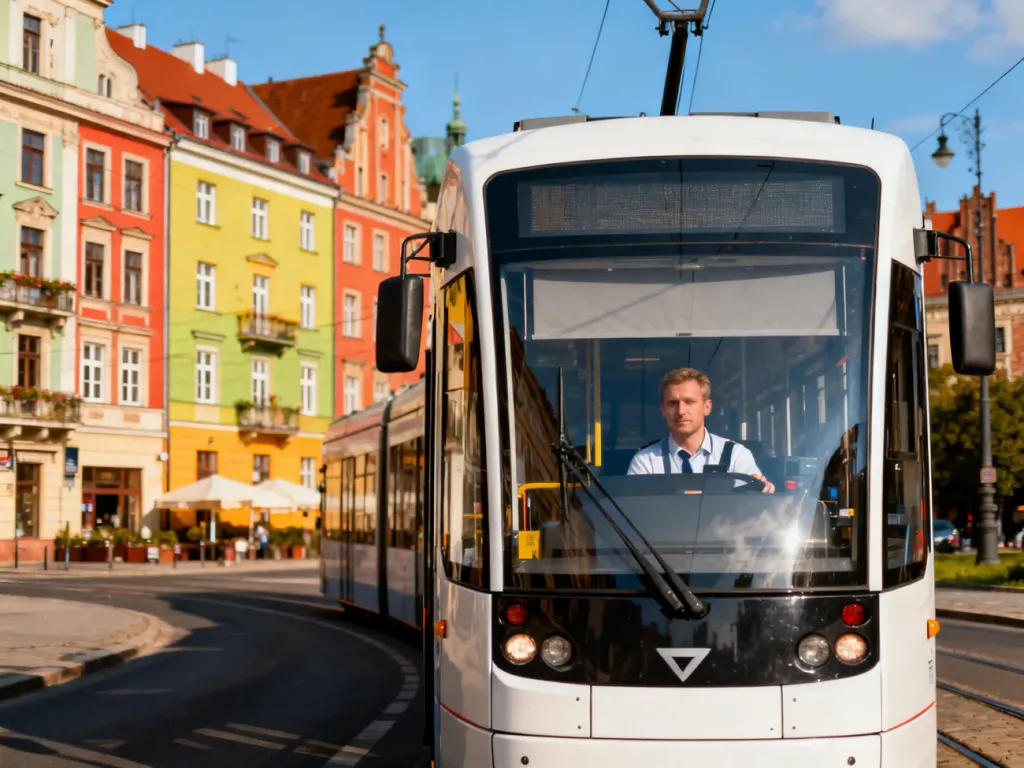 Nowoczesny tramwaj linii 18 przejeżdża przez słoneczną ulicę we Wrocławiu na tle zabytkowych kamienic.