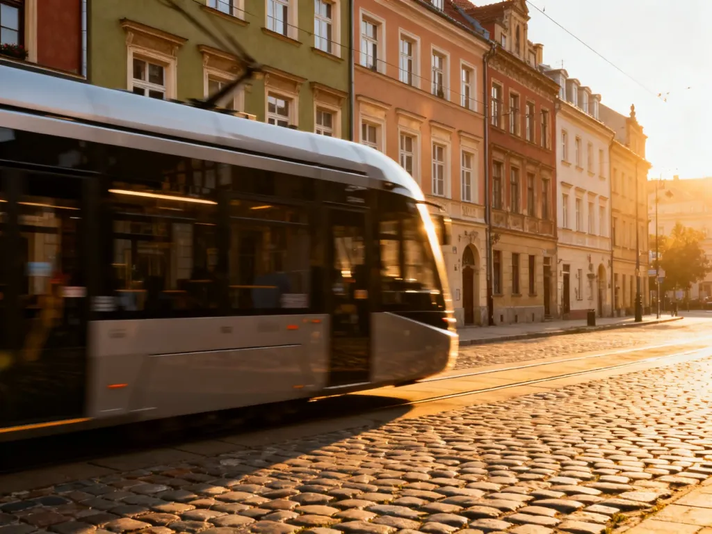 Nowoczesny tramwaj przejeżdżający przez zabytkową ulicę Wrocławia z kolorowymi kamienicami w tle.