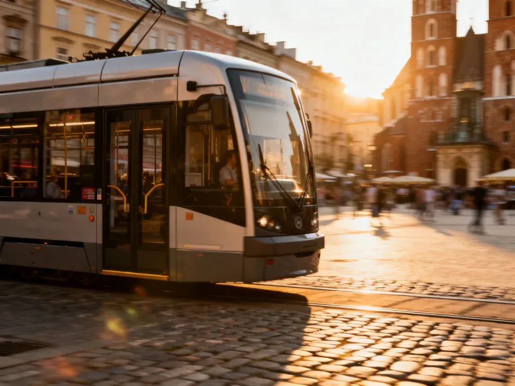 Nowoczesny tramwaj linii 52 przejeżdża przez zabytkowe centrum Krakowa w promieniach zachodzącego słońca.