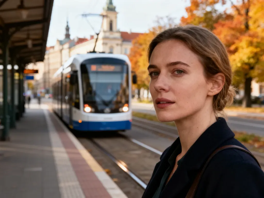 Nowoczesny tramwaj wjeżdżający na przystanek w Warszawie, z pasażerką czekającą na peronie w jesiennej scenerii.