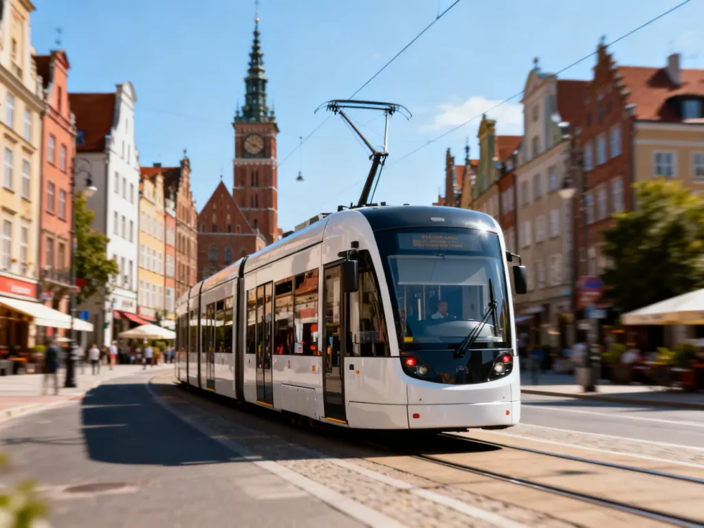 Nowoczesny tramwaj linii 2 przejeżdżający przez słoneczne ulice Gdańska na tle zabytkowej architektury miasta.