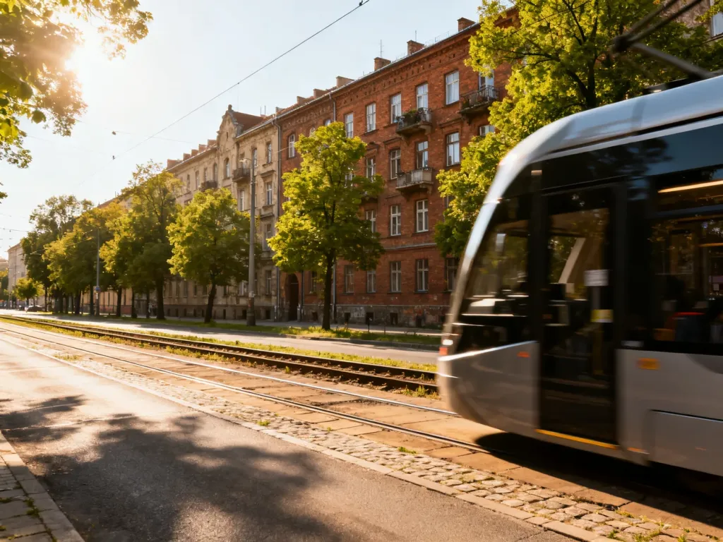 Nowoczesny tramwaj przejeżdżający przez słoneczną ulicę w Zabrzu, otoczoną zabytkowymi kamienicami i zielenią.