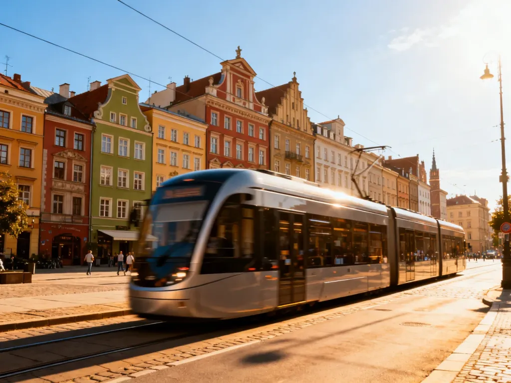 Nowoczesny tramwaj przejeżdżający przez historyczne centrum Wrocławia w otoczeniu zabytkowych kamienic.