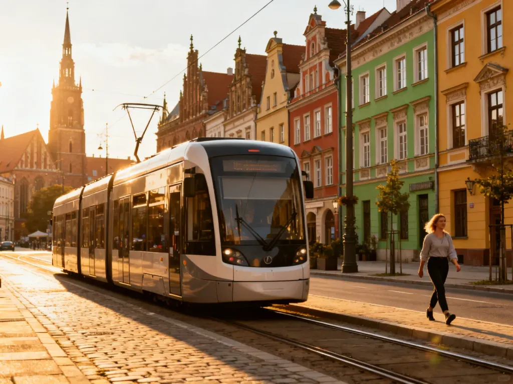 Nowoczesny tramwaj przejeżdżający przez słoneczną, zabytkową ulicę Wrocławia w otoczeniu kolorowych kamienic.