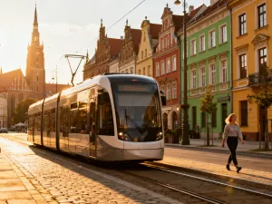 Nowoczesny niebiesko-biały tramwaj przejeżdża przez słoneczną ulicę Wrocławia w otoczeniu zabytkowych kamienic.