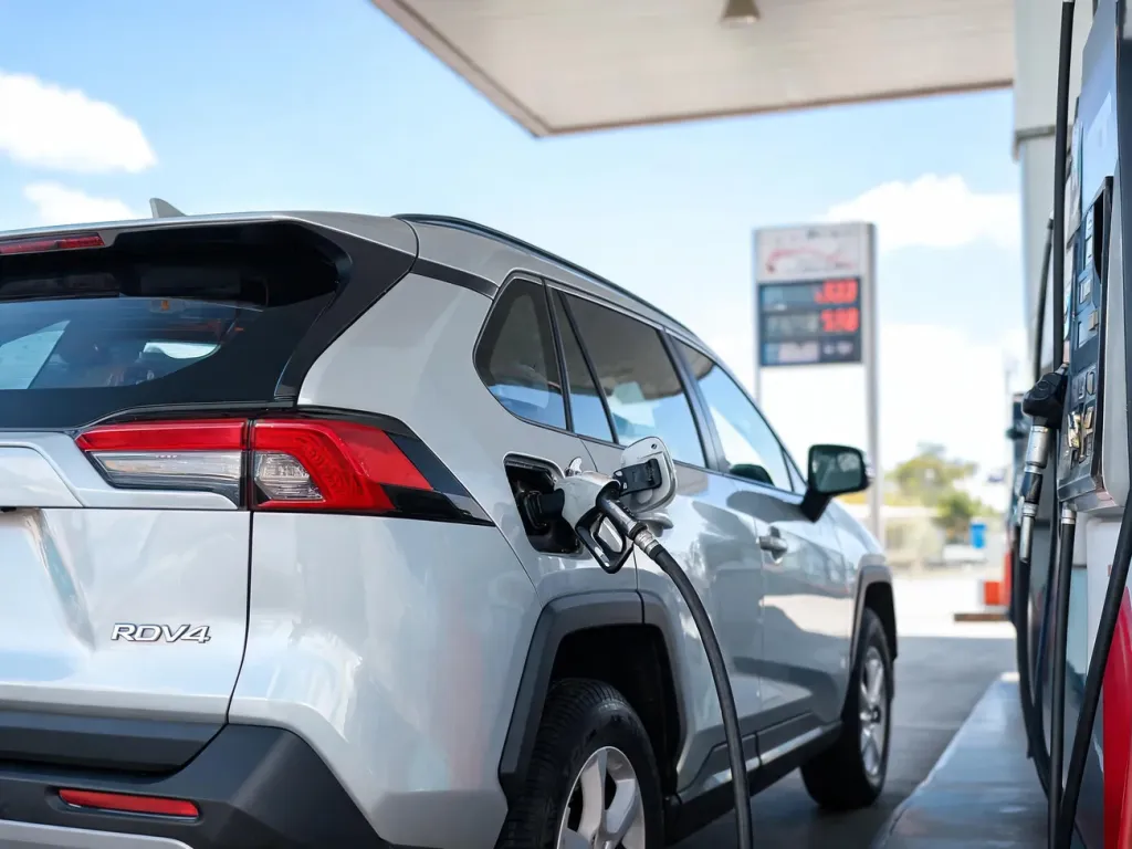 Toyota RAV4 podczas tankowania na stacji benzynowej, z podpiętą dyszą paliwa i widoczną tylną częścią auta