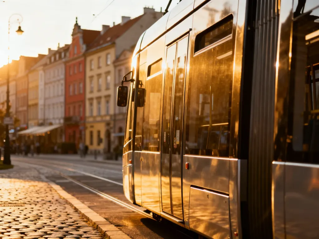 Nowoczesny tramwaj przejeżdżający przez słoneczną, zabytkową ulicę Wrocławia z kamienicami w tle.