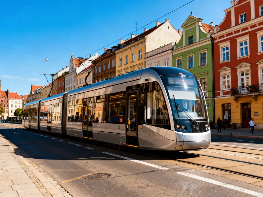 Nowoczesny tramwaj przejeżdżający przez słoneczną, zabytkową ulicę Wrocławia z kolorowymi kamienicami w tle.