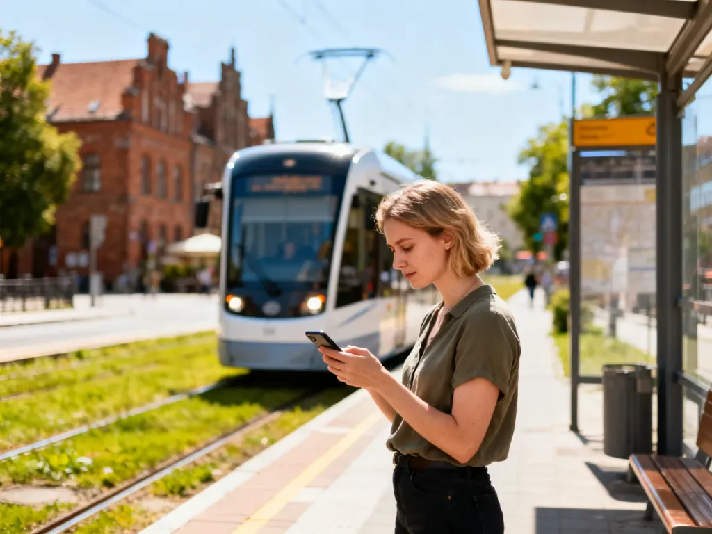 Nowoczesny tramwaj wjeżdżający na przystanek w Bydgoszczy, przy którym pasażerka sprawdza rozkład jazdy w telefonie.