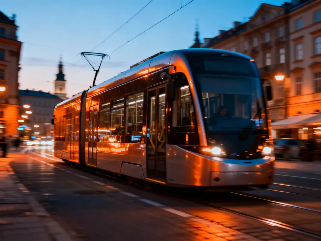 Nowoczesny tramwaj przejeżdżający przez oświetloną ulicę Warszawy o zmierzchu.