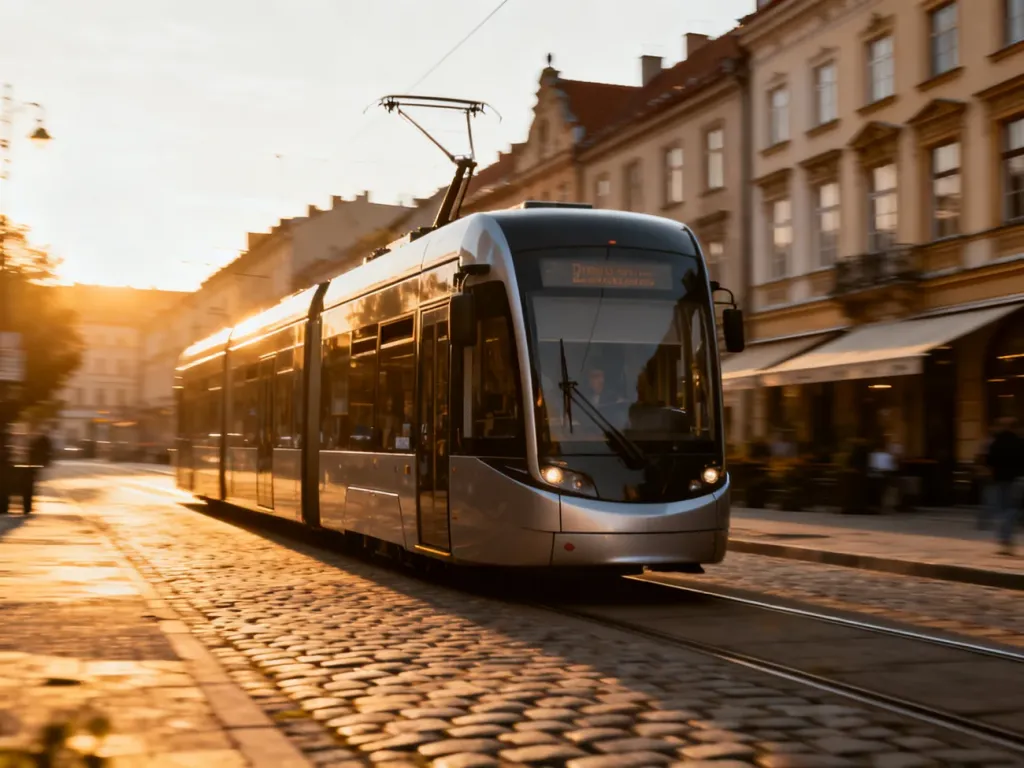Nowoczesny tramwaj linii 8 przejeżdżający przez zabytkowe centrum Bydgoszczy w blasku zachodzącego słońca.