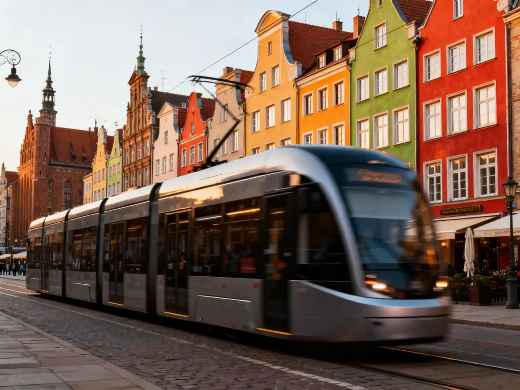 Nowoczesny tramwaj linii 12 przejeżdża przez historyczną ulicę Gdańska z kolorowymi kamienicami w tle.