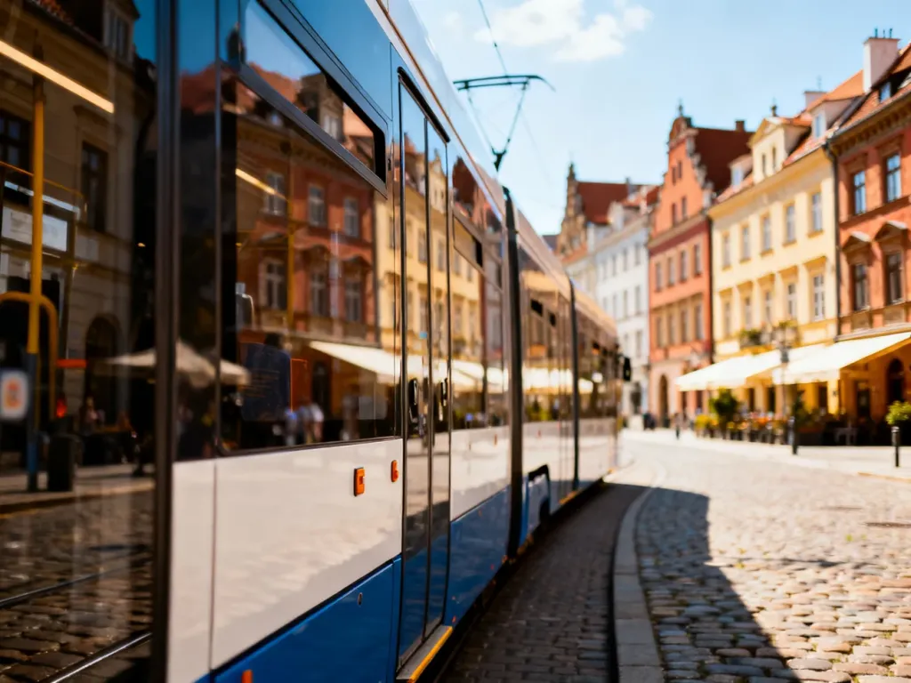 Nowoczesny tramwaj niskopodłogowy przejeżdżający przez zabytkową ulicę Wrocławia w słoneczny dzień.