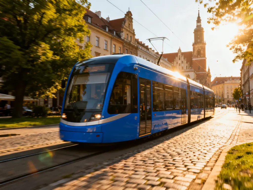 Nowoczesny tramwaj przejeżdżający przez słoneczną ulicę Wrocławia na tle zabytkowej architektury.
